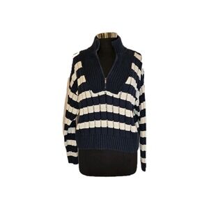 A New Day Navy Cream Striped Turtleneck Sweater Women's Large Cotton Blend